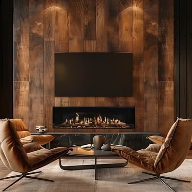 A holographic fireplace by Ortal, integrated into a minimalist living room design for a sleek and modern aesthetic
