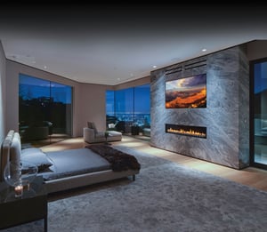 fantastic panoramic view bedroom decorating with modern fireplace